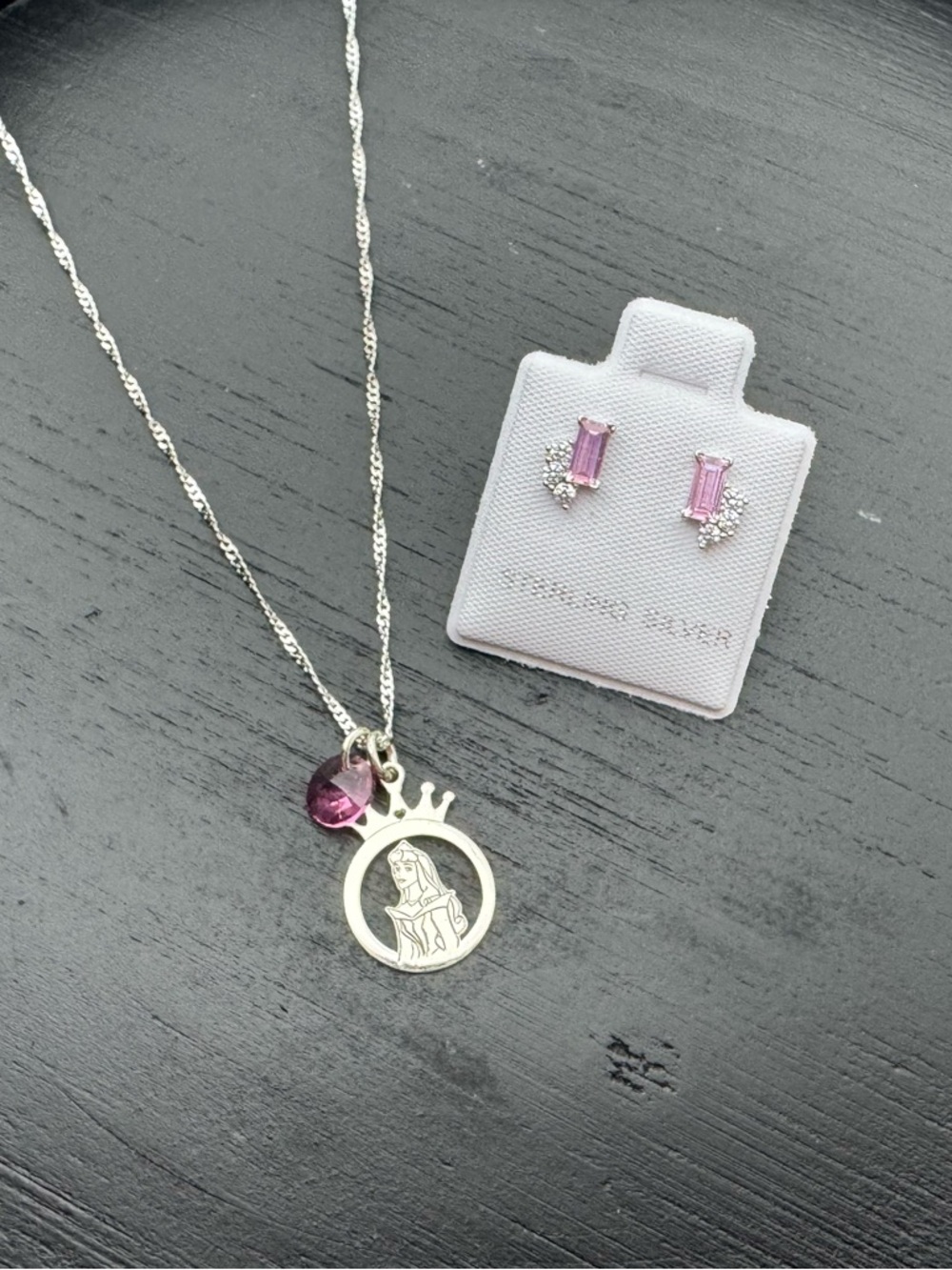 Sterling Silver Pink Crystal Necklace and Stud Earrings Set